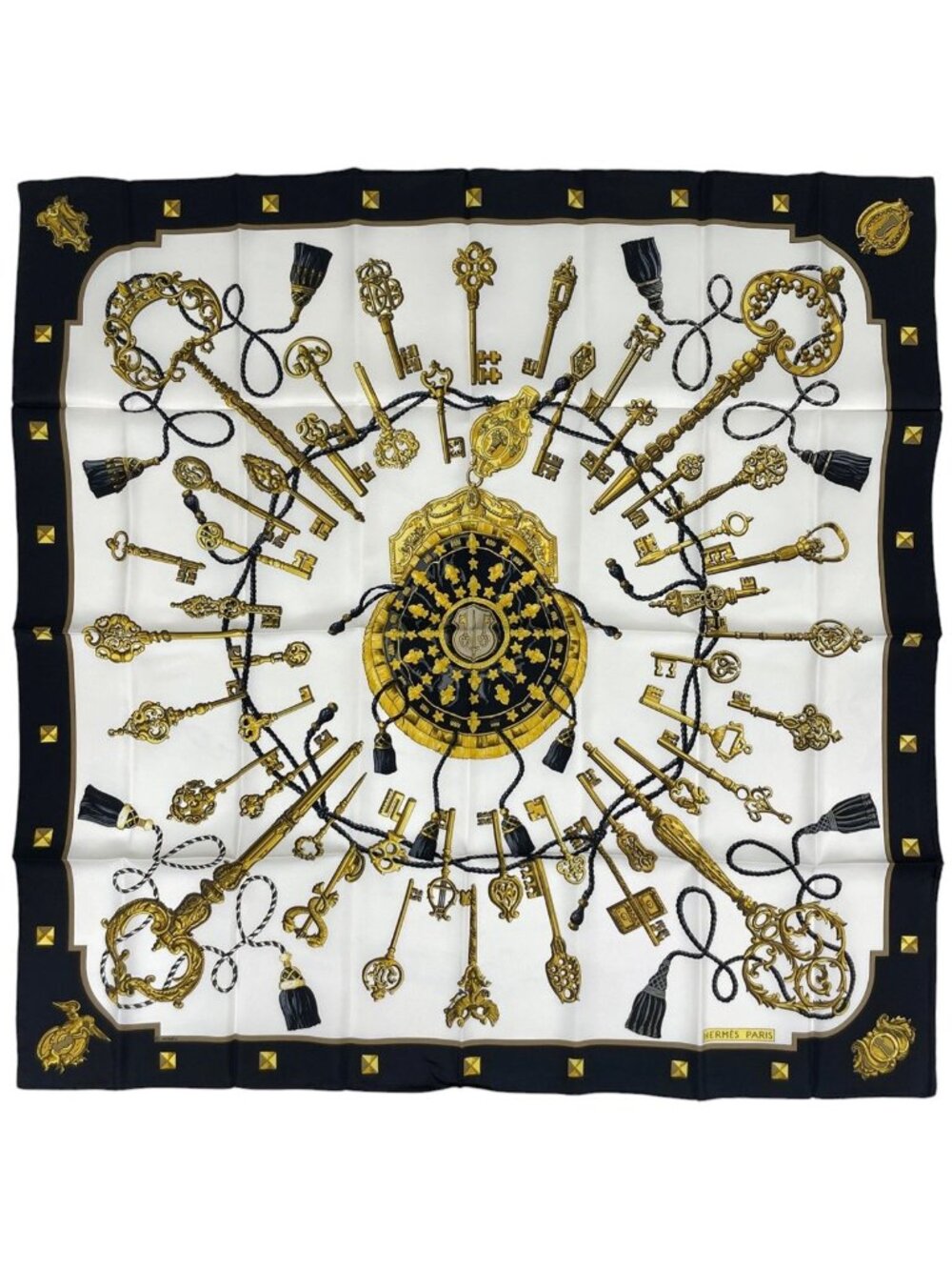 Hermes Carre 90 les Cles the Keys Rare Scarf Key Pattern Silk Black